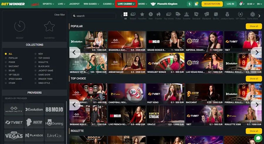 Betwinner Live Casino Screenshot